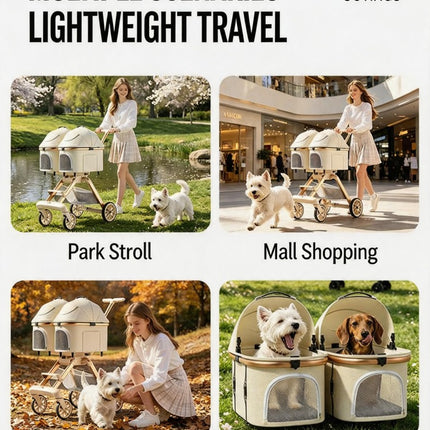 Twin Pet Stroller for 2 Cats & Dogs – Foldable,Aluminum Alloy Frame, Adjustable Design, Portable Pet Pushchair for Small Dogs & Cats,Khaki
