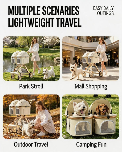 Twin Pet Stroller for 2 Cats & Dogs – Foldable,Aluminum Alloy Frame, Adjustable Design, Portable Pet Pushchair for Small Dogs & Cats,Khaki
