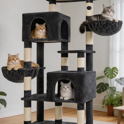 Heybly 173cm Heavy Duty Cat Tower for Large Indoor Cats with 2 Condos, 2 Hammocks, 10 Sisal Scratching Posts, Smoky Gray HCT059G