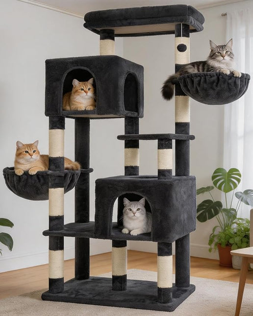 Heybly 173cm Heavy Duty Cat Tower for Large Indoor Cats with 2 Condos, 2 Hammocks, 10 Sisal Scratching Posts, Smoky Gray HCT059G