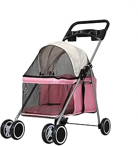 PaWz 4 Wheels Foldable Pet Stroller Dog Cat Travel Carrier Large Pink, Removable Canopy Dog Pram with 2 Safety Leash, Detachable Folding Pet Stroller Trolley for Cats Dogs, Pet Carrier with Wheels