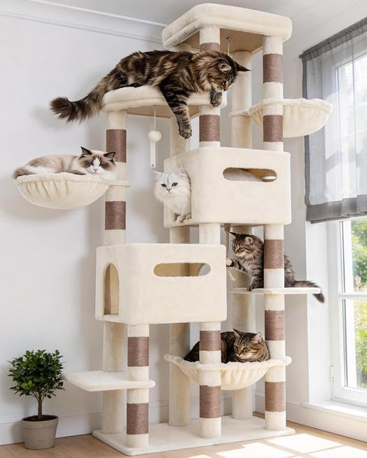 Heybly Cat Tree, 190cm Spacious & Tall Cat Tower for Large Cats,  2 Cat Condos, Hanging Hammock, Durable Sisal Scratching Posts, Beige HCT062MJ