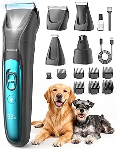 oneisall Dog Clippers & Paw Trimmer 4 in 1 Grooming Kit, Dog Grooming Clippers with LED Light for Full-Body Grooming, Cordless Silent