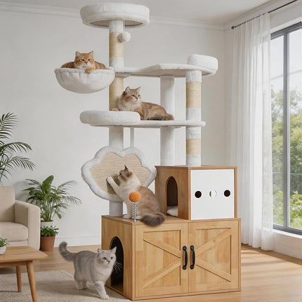 Heybly Cat Tree with Litter Box Enclosure, Modern 162cm,Multi-Level Perch & Playzone, Walnut HCT105WB