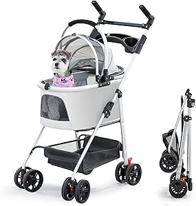 Pet Stroller with 4 Wheels, 3 in 1 Foldable Cat Dog Carrier, Portable Dog Cat Jogger Stroller with Detachable Carrier, Multifunctional Lightweight Pet Travel Stroller for Medium Small Dogs Cats