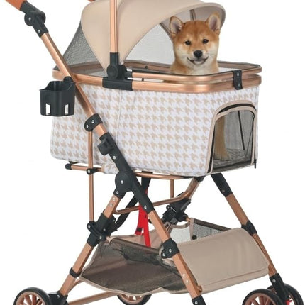 OSJ Pet Cart, Detachable, 2-Way Pet Carrier, Aluminum, Load Capacity 55.1 lbs (25 kg), Multi-Head, Medium Dogs, Small Dogs, Cats, Lightweight, Folding, Stopper, 4 Wheels, Dog Cart, Pet Buggy, Going