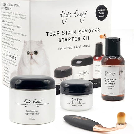 Product Energy Guide Eye Envy Cat Tear Stain Remover Starter Kit with ProPowder Brush. Stain Solution, Applicator Pads, Stain Powder, and Small Applicator Brush. Tear Stain Cleaning Kit. Lasts 30-45 Days. Made in USA.