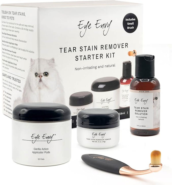 Product Energy Guide Eye Envy Cat Tear Stain Remover Starter Kit with ProPowder Brush. Stain Solution, Applicator Pads, Stain Powder, and Small Applicator Brush. Tear Stain Cleaning Kit. Lasts 30-45 Days. Made in USA.