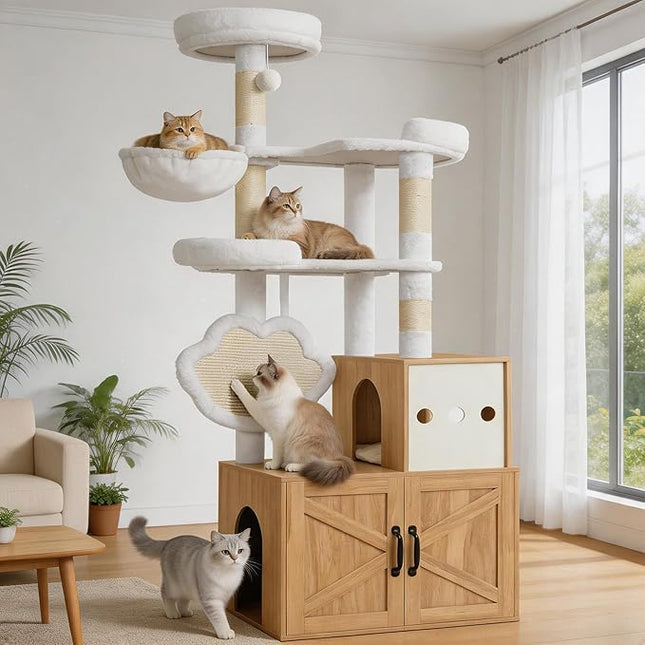 Heybly Cat Tree with Litter Box Enclosure, Modern 162cm Hidden Cat Tower for Indoor Cats,White Oak HCT105BT