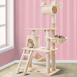 BEASTIE Cat Tree 141cm Tall, Multi-Level Wood Scratching Post Tower with Scratcher, Beige Colour