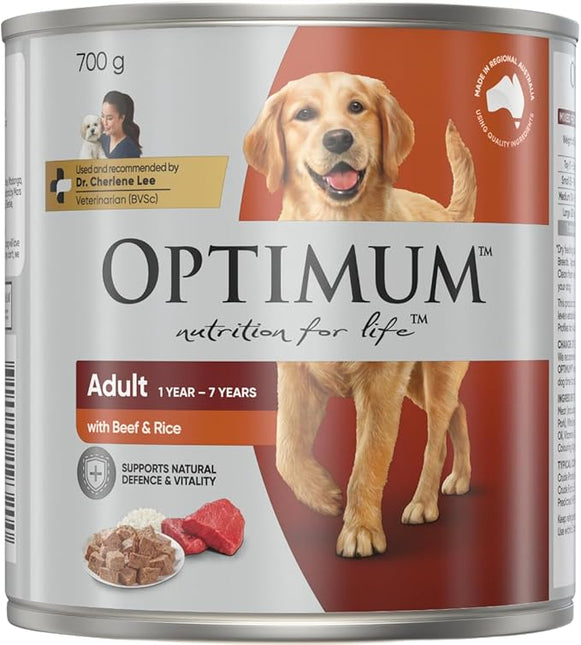 Optimum Adult Dog Wet Can Food with Beef Rice and Egg Natural, 700 g (Pack of 12)