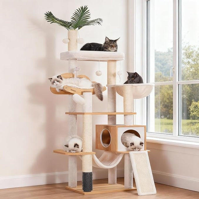 Heybly Wood Cat Tree for Indoor Cats, Cat Condo for Large Cats with Self Groomer,Modern Cat Scratching Tower with Basket,Hammock,Dangling Ball and Leaves,Walnut HCT120WB