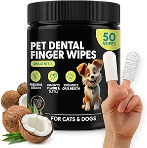 Pet Dental Finger Wipes | Textured Pet Teeth, Ear & Claw Wipes | 50-Count