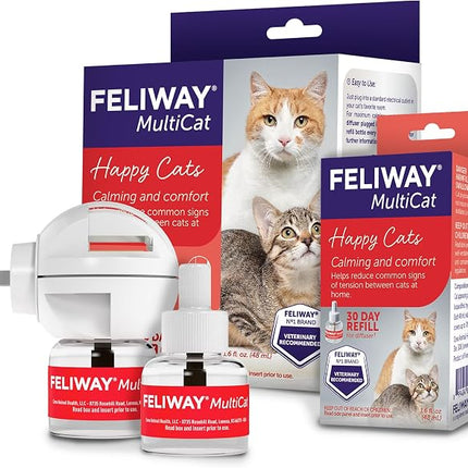 FELIWAY MultiCat Cat Calming Diffuser Kit and 1 Pack Refill – Helps Reduce Fighting, Tension and Aggression Between Cats Due to Stress – 30‑Day Cat Pheromone Plug in Diffuser for Multi‑Cat Homes