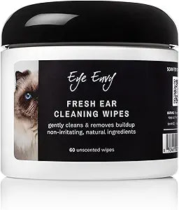 Eye Envy Fresh Ear Cleaning Wipes for Cats. Made in The USA from Natural Ingredients. Unscented. Safe and Non-Irritating. Removes Dirt, Debris, and Wax buildup. 60 Count.