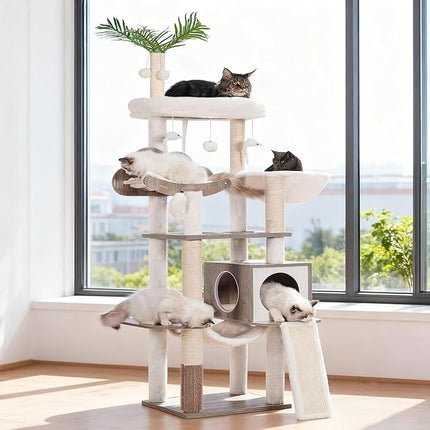 Heybly Wood Cat Tree for Indoor Cats, Cat Condo for Large Cats with Self Groomer,Gray HCT120SG