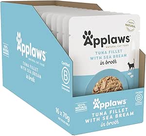 Applaws 100% Natural Wet Cat Food Tuna Fillet with Sea Bream in Broth, Limited Ingredients Pet Food 70g Pouch (Pack of 16)