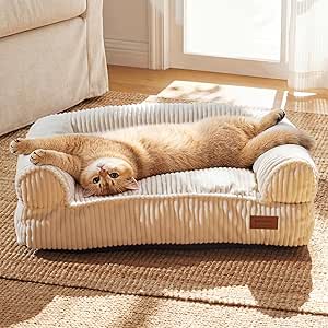 FUKUMARU Cat Couch Bed, Corduroy Cozy Cat Bed for Indoor Cats with Removable Washable Cover, Supportive Anti-Slip Dog Beds Sofa for Small Dogs Cute, 27inch, Medium, Cream