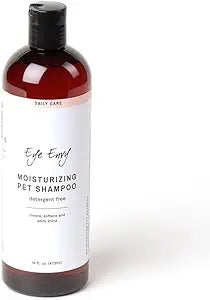 Eye Envy Moisturizing Pet Shampoo. Cleans, softens, adds Shine. Fragrance Free. Detergent Free. Gentle for Everyday use. Glycerin enriched. Safe for Puppies and Kittens. 16oz
