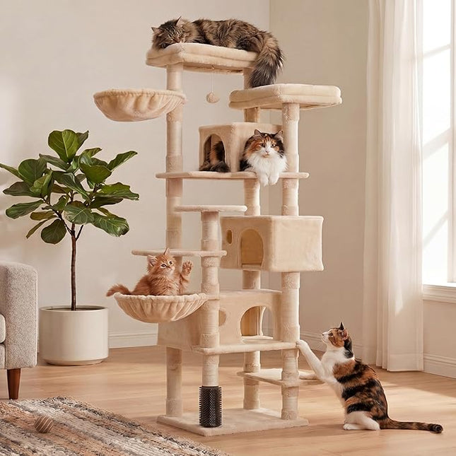 Hey-brother Cat Tree, 188 cm Multi-Level XL Large Cat Tower for Indoor Cats with Three Cat Condos, Beige MPJ035-MM