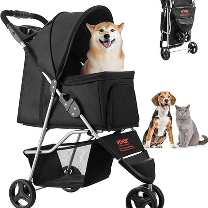 VEVOR Pet Stroller, 35 lbs Weight Capacity, Foldable Dog Stroller Cart, 3 Wheels Cats Strollers with Mesh Windows and Cup Holders