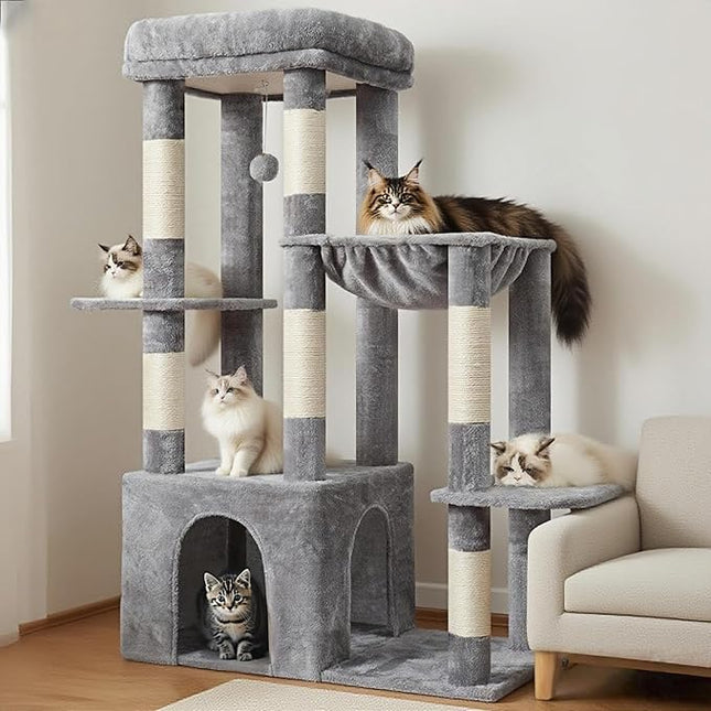 Heybly Heavy Duty Cat Tree for Large Adult, Tall Cat Condo House with Extra-Large Baseboard,Light Gray HCT026W