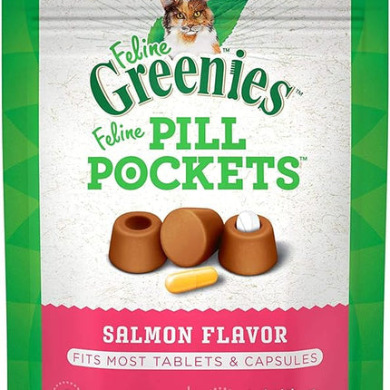 FELINE GREENIES PILL POCKETS for Cats Natural Soft Cat Treats, Salmon Flavor, 3 oz. Pack (85 Treats)