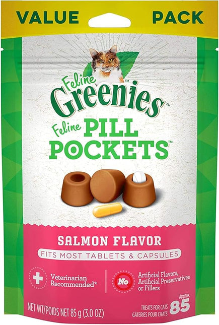 FELINE GREENIES PILL POCKETS for Cats Natural Soft Cat Treats, Salmon Flavor, 3 oz. Pack (85 Treats)