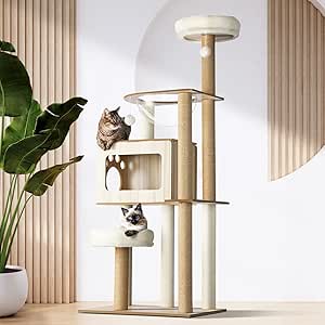 Cat Tree with Cat Scratching Post Pole Sisal Scratcher Cat Tower Dens Condo Kitty Dens Activity Stand Safe Hideaway 142cm Height,Beige
