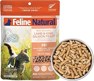 Feline Natural High Protein Dry Cat Food, Freeze-Dried Diet with 98% Meat, Organs & Seafood, No Peas, Grains, or Artificial Additives, Made in New Zealand, Lamb & King Salmon, 100g