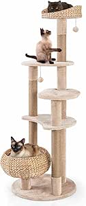 Costway Cat Tree, 164cm Cattail Cat Tower w/Jute Scratching Posts, Basket Bed, Adult Cats