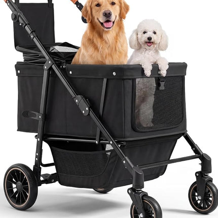 Dog Stroller for Large & Medium Dogs (20–132 lbs), Pet Stroller for 2 Small Dogs with Adjustable Handle & Canopy, Sun Shades, Storage Organizer, Foldable & Ventilated,Black