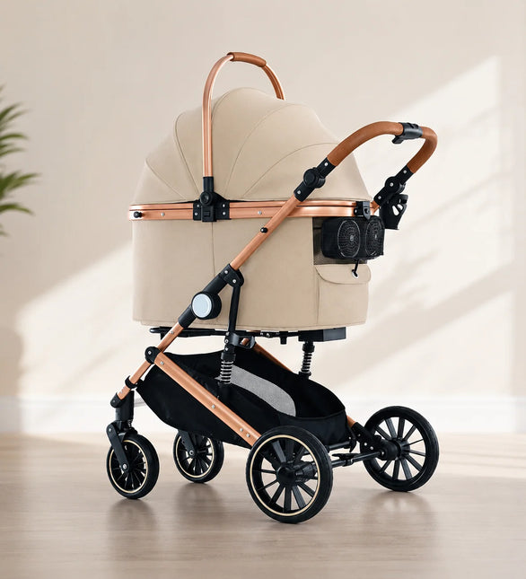 Luxury Pet Stroller with Spacious Comfort, Built- In Cooling Fan & Detachable,Beige Colour