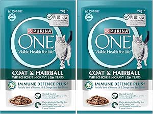 PURINA ONE Adult Wet Cat Food Coat and Hairball with Chicken in Gravy Pouch 24x70g