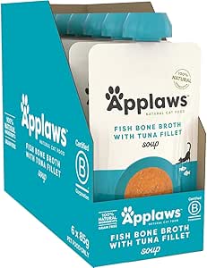 Applaws 100% Natural Wet Cat Treat Fish Bone Broth with Tuna Fillet Soup, Limited Ingredients Pet Food 80g (Pack of 6)