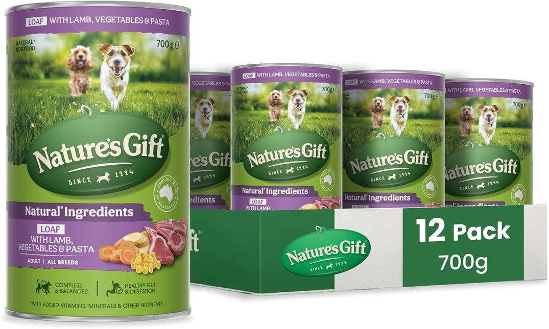 Nature's Gift Adult Wet Dog Food in Can, Loaf Lamb Recipe with Vegetables and Pasta 12x700g - Wholesome Mealtime in a Convenient Can, Natural Ingredients with Added Nutrients for Everyday Health