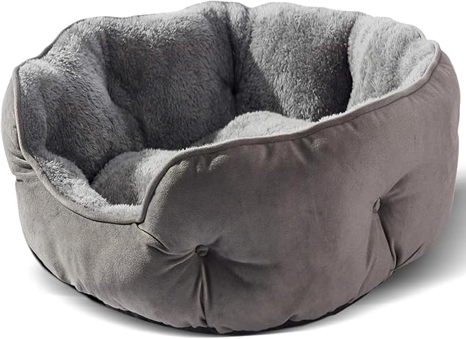 Small Dog Bed for Cats and Small Dogs, Grey Soft Velvet Pet Bed with Microfiber Fleece