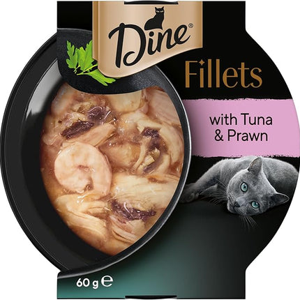 Dine Fillets Wet Cat Food Sustainable Tuna & Prawn 60g Tray, 16 Pack