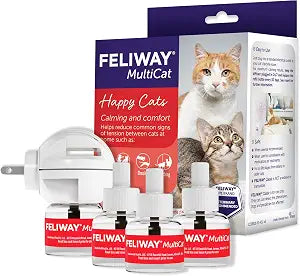 FELIWAY MultiCat Cat Calming Diffuser Kit and 3 Pack Refill – Helps Reduce Fighting, Tension and Aggression Between Cats Due to Stress – 30‑Day Cat Pheromone Plug in Diffuser for Multi‑Cat Homes