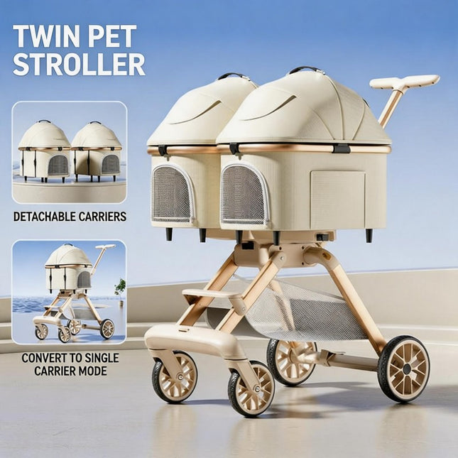Twin Pet Stroller for 2 Cats & Dogs – Foldable,Aluminum Alloy Frame, Adjustable Design, Portable Pet Pushchair for Small Dogs & Cats,Khaki