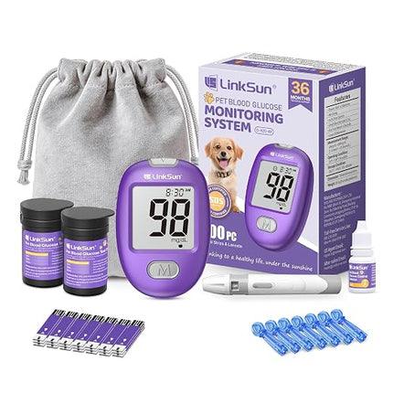 LinkSun Pet Glucose Monitor Kit, 100 Strips+Lancets, For Dogs, Cats, Rabbit