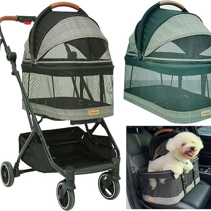 ROODO 2026 Upgraded Version 3-in-1 Dog Cat Stroller with Detachable Carrier Folding Lightweight Portable Travel Pet Gear All-Terrain Puppy Doggie Kitty Bunny Stroller for 35 lbs(Grey Lattice)