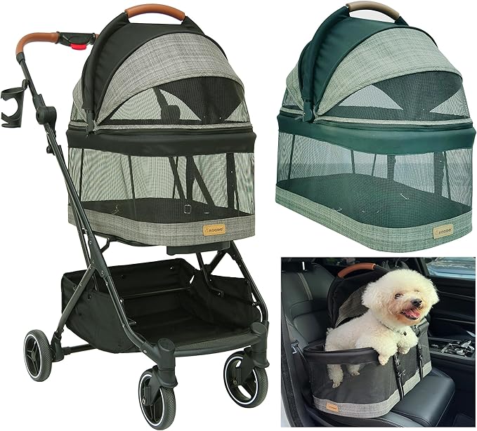 ROODO 2026 Upgraded Version 3-in-1 Dog Cat Stroller with Detachable Carrier Folding Lightweight Portable Travel Pet Gear All-Terrain Puppy Doggie Kitty Bunny Stroller for 35 lbs(Grey Lattice)