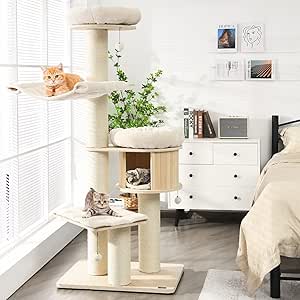 Wood Cat Tree for Indoor Cats, Tall Modern Cat Tower w/Sisal Scratching Posts, Condo, Padded Perch, Hammock, Napping Bed