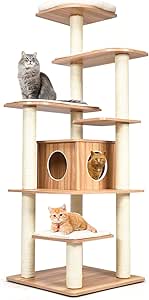 Cat Tree, Wooden Cat Tower with 6-Layer Platform, Sisal Rope Scratching Posts
