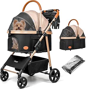 Dog Cat Stroller for Small/Medium Pets up to 50 lbs, 3-in-1 Foldable Pet Stroller with Detachable Carrier, Car Seat, Storage Basket, Cup Holder, Hanging Bag, Rain Cover, All-Terrain 4 Wheels (Khaki)