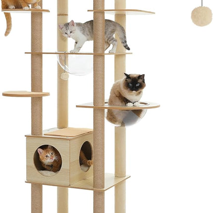 PAWZ Road Cat Tree, 180cm Wood Large Cat Tower with 2 Acrylic Nests, 10 Sisal Covered Scratching Posts, Condo House and Spacious Top Perch for Large Cats