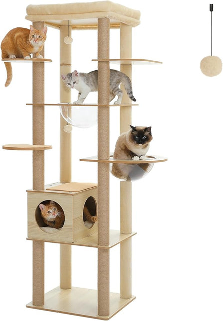 PAWZ Road Cat Tree, 180cm Wood Large Cat Tower with 2 Acrylic Nests, 10 Sisal Covered Scratching Posts, Condo House and Spacious Top Perch for Large Cats