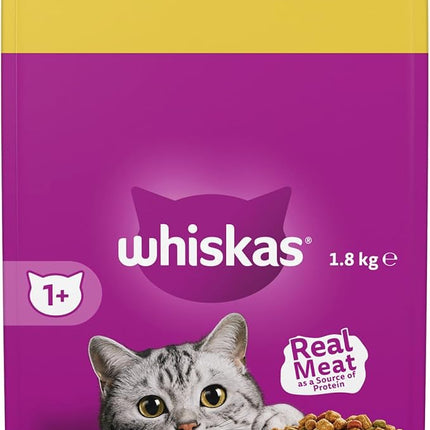 WHISKAS 1+ Years Adult Dry Cat Food Chicken & Turkey 1.8kg Bag, 4 Pack