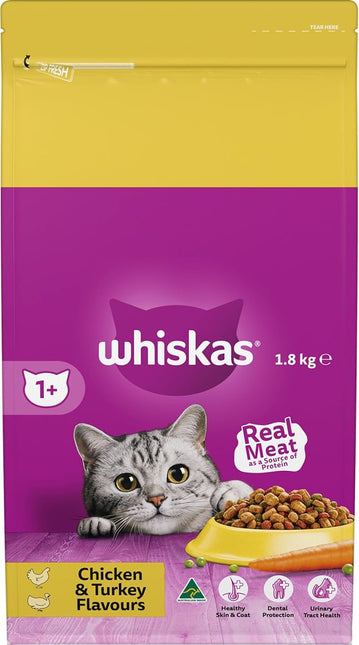 WHISKAS 1+ Years Adult Dry Cat Food Chicken & Turkey 1.8kg Bag, 4 Pack